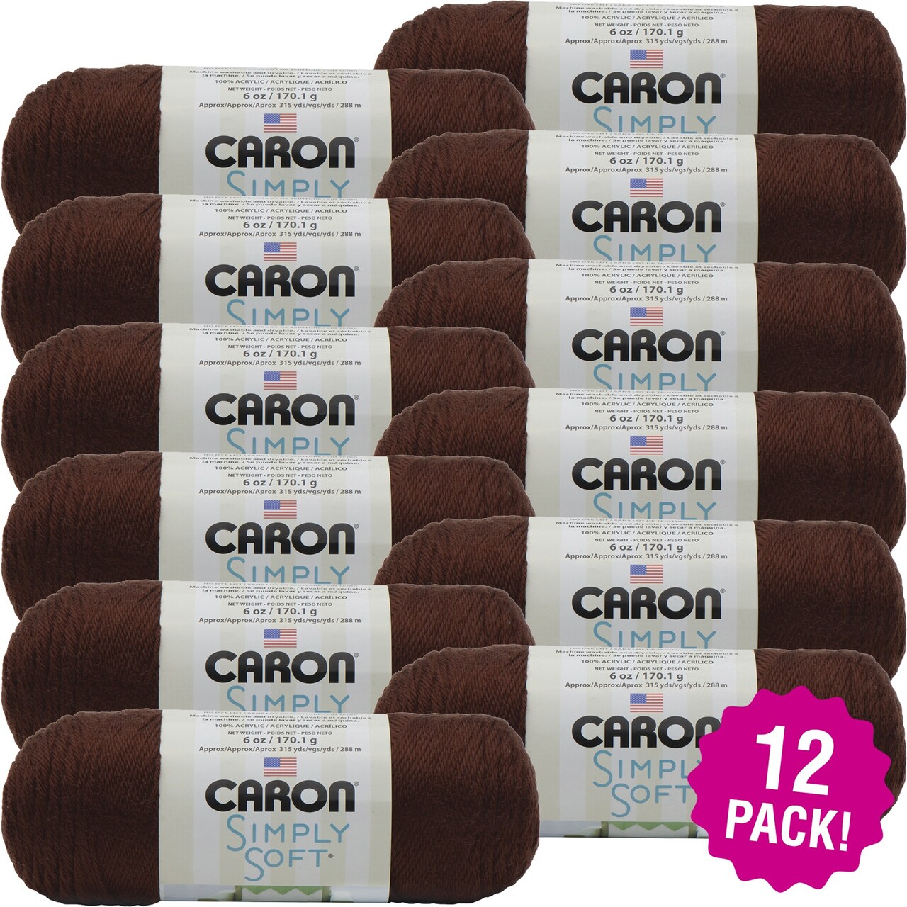 Multipack of 12 - Caron Simply Soft Solids Yarn-Chocolate
